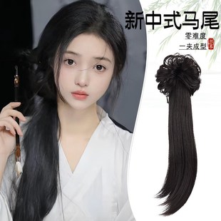 汉服假发抓夹马尾新中式 低盘发双马尾假发古风丸子头发包旗袍头饰