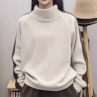 德绒保暖卫衣女春秋冬季 宽松立领拼色加厚休闲百搭外套上衣服 大码