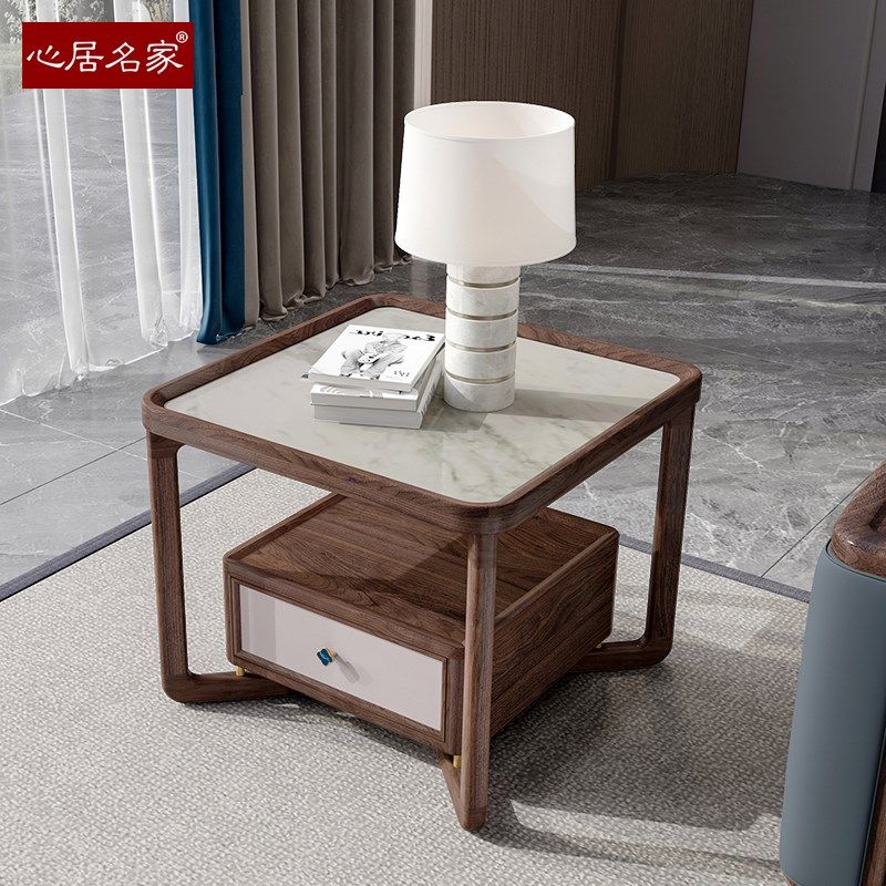 心居名家轻奢新中式实木角几北美黑胡桃木沙发边几岩板面方几