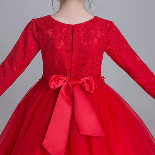 春秋冬季儿童红色公主裙蓬蓬裙女童连衣裙长袖纱裙子舞蹈演出礼服