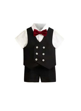 男童绅士服夏款宝宝红色领结英伦风夏款西装马甲短袖花童生日礼服