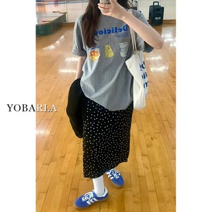 黑色波点西装裙女夏季大码胖mm遮肚显瘦梨形身材中长款a字半身裙