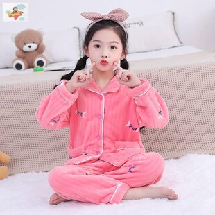 中大男童亲子母女珊瑚绒套装 儿童法兰绒睡衣女童女孩秋冬季 加厚款