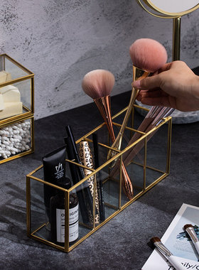 欧式黄铜化妆分类金色玻璃收纳盒桌面收化妆刷珍珠四格置物摆件