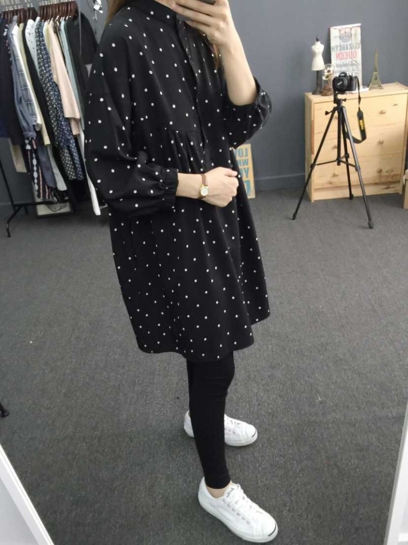 春秋新款大码女装胖mm宽松显瘦波点雪纺连衣裙遮肚子七分袖打底裙