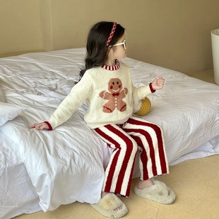 睡衣 可爱卡通圣诞节套装 韩国儿童保暖家居服套装 2024秋冬女童冬季