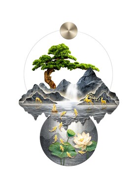 新中式九鱼图玄关装饰画带灯迎客松挂画入户进门走廊过道山水壁画