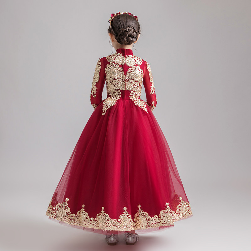 女童礼服公主裙儿童钢琴演出服小主持人表演服长袖高端生日婚纱春