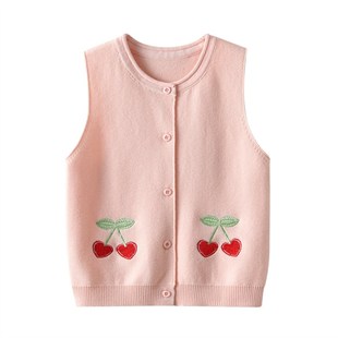 2024女童针织马甲纯棉小童棉线背心秋冬新款 背心 儿童樱桃毛衣开衫