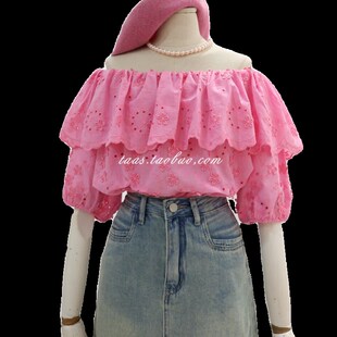 粉色荷叶边一字领高级订染立体钩花上衣2025夏少女温柔精致衬衫 女