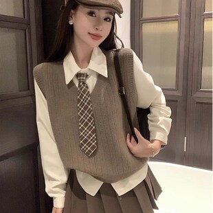 2023新款 百褶半身裙女秋季 三件套 衬衫 学院风V领针织背心马甲长袖