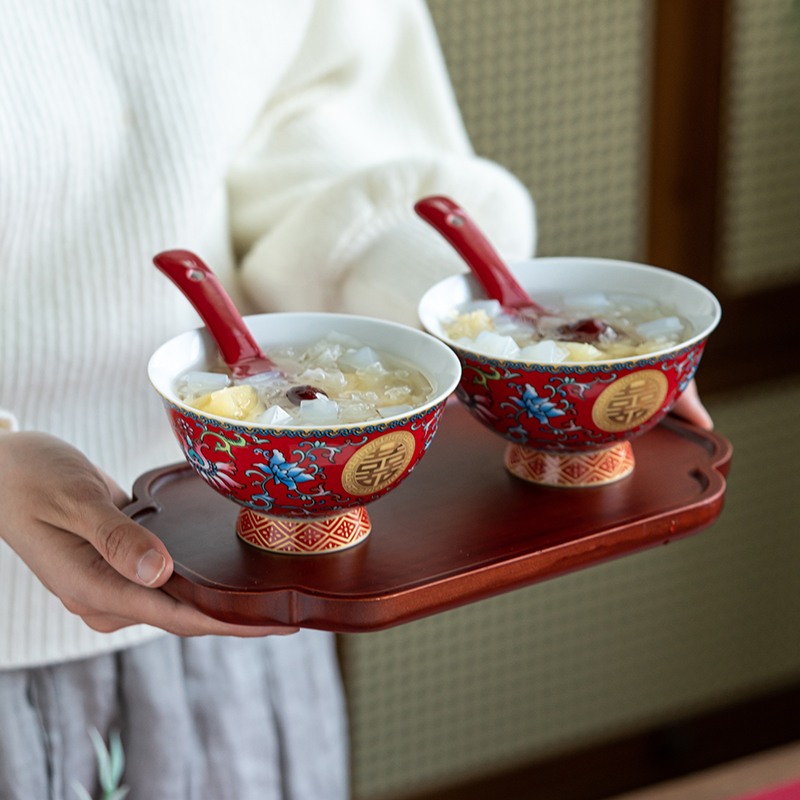 珐瑯彩结婚碗筷装婚礼喜碗对碗红碗敬茶杯一对陪嫁婚庆用品大全