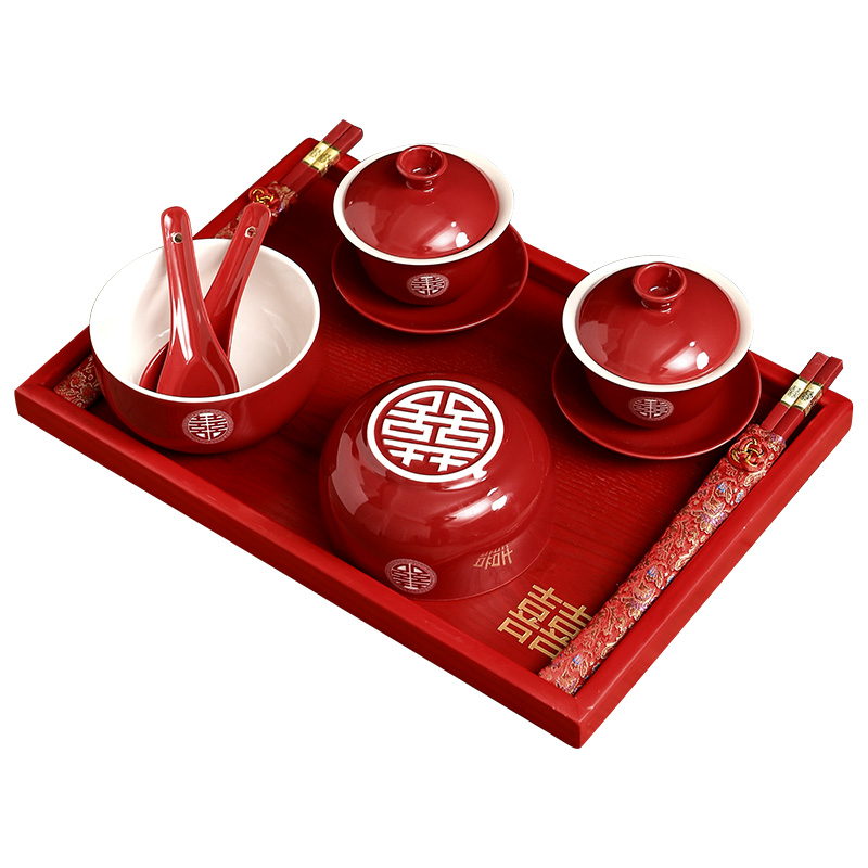 敬茶杯结婚喜碗红碗筷改口喜杯婚礼敬茶壶对杯子茶具礼盒装托盘