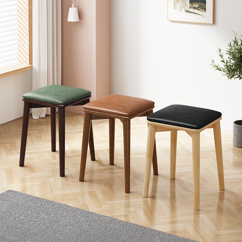 现代简约实木梳妆凳方凳餐凳板凳客厅家用软包皮凳圆脚高
