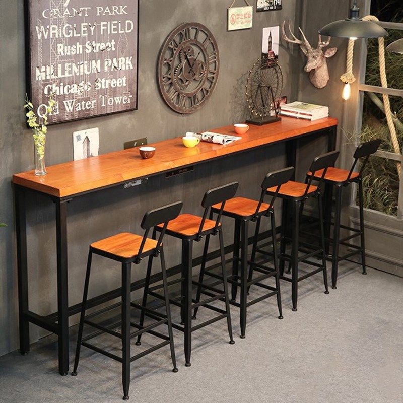 工业风铁艺实木酒吧台桌椅组合奶茶店靠墙咖啡厅长条桌复古高脚桌