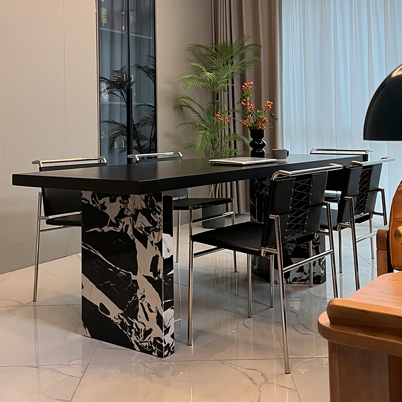 意式纯黑下挂岩板餐桌椅包豪斯风大户型简约现代长方形茶书桌