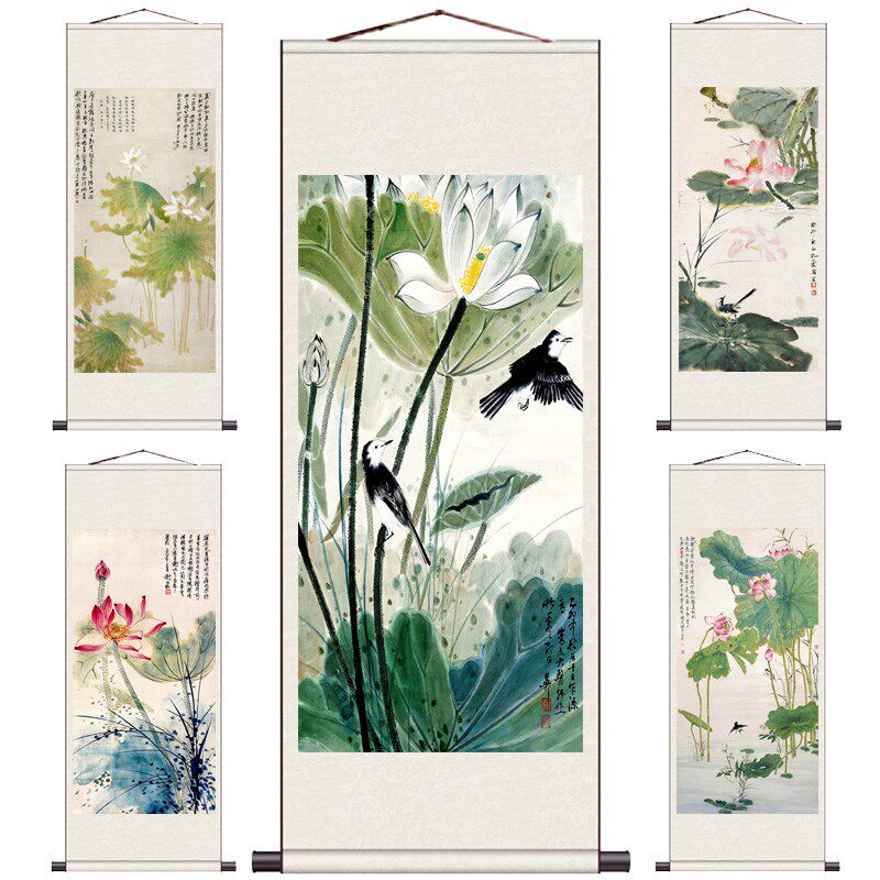 红荷图国画客厅玄关挂画家居装饰丝绸画水墨荷花条幅挂画卷轴礼品