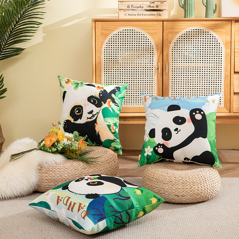 卡通熊猫抱枕沙发护腰枕双面棉麻方形抱枕套客厅靠垫含芯床头枕头
