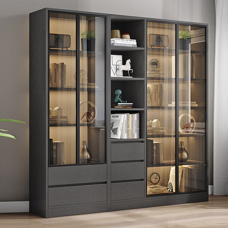 泰帆落地书柜书架带玻璃门书架置物架客厅收纳柜靠墙书橱简约展示