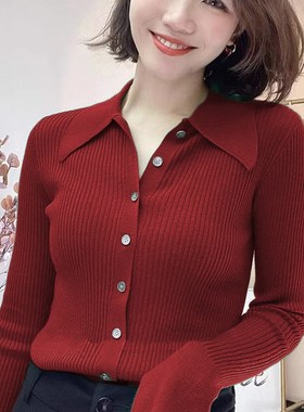 2024年秋冬季新款翻领V领羊毛开衫长袖针织衫女绿色打底外套上衣