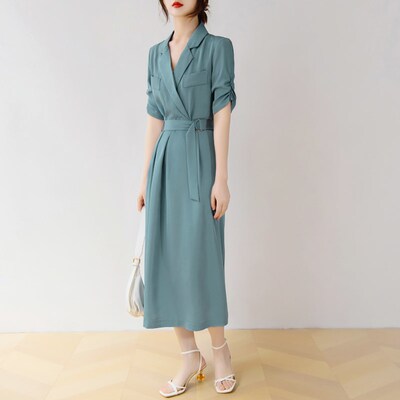 法式高端精致蓝色OL西装连衣裙女夏设计感气质收腰显瘦职业裙长裙