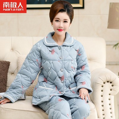 中老年中年妈妈睡衣女秋冬季纯棉三层夹棉加厚老人家居服保暖套装