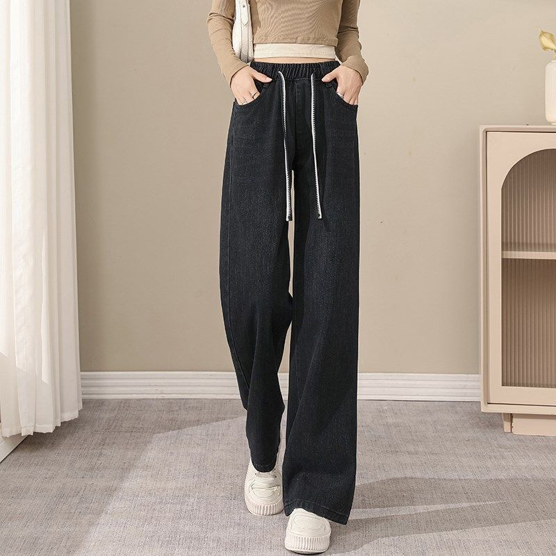 黑色松紧腰阔腿牛仔裤女2025新款高腰显瘦初高中学生直筒休闲长裤