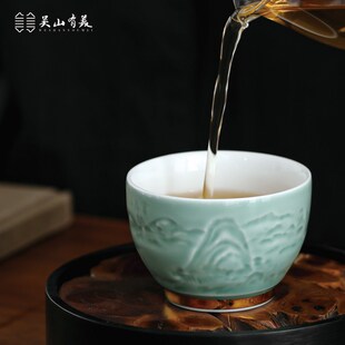 吴山有美 主人杯玉瓷对杯西泠印社青瓷茶具礼盒高端送礼茶杯一对