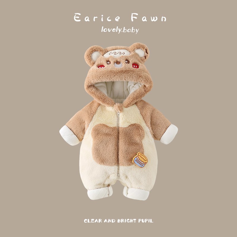 婴儿衣服冬季可爱连体衣满月百天爬爬服加绒加厚棉衣外出服超萌衣