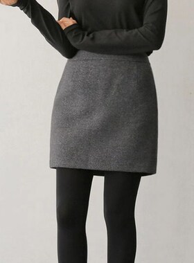 灰色毛呢半身裙女秋冬季大码高腰包臀裙子外穿显瘦短裙百搭a字裙