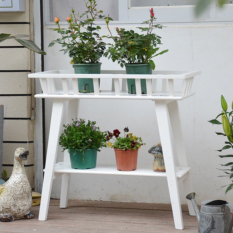 北欧乡村复古实木花架落地式置物收纳二层室内客厅阳台方花盆架