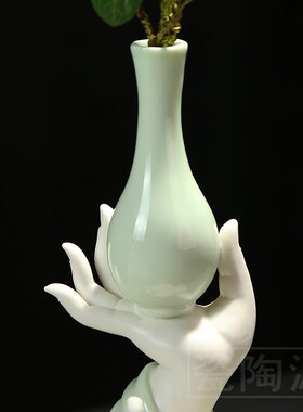 青瓷佛手花瓶摆件家居客厅玄关禅意茶室陶瓷花瓶插桌面装饰工艺品