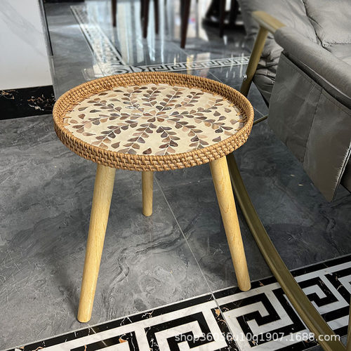 北欧风手工藤编贝壳飘窗茶几方沙发小边几日式榻榻米小圆桌野餐桌