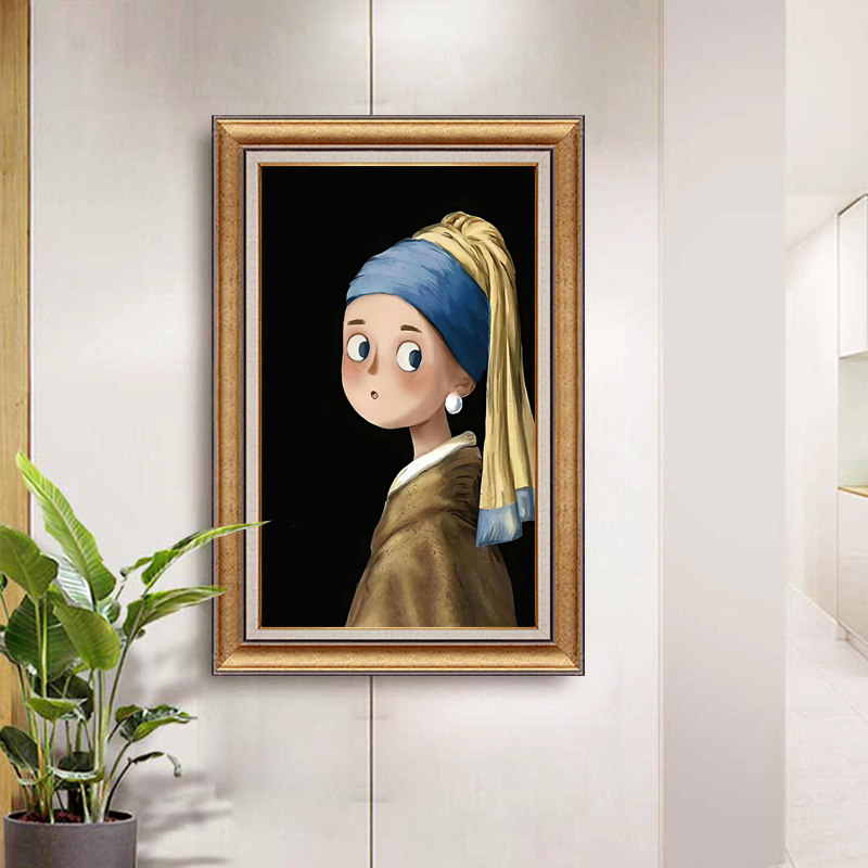 戴着珍珠耳环的少女油画世界名画创意玄关装饰画客厅挂画复古壁画