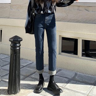 胖妹妹mm显瘦九分烟管裤 高腰卷边直筒牛仔裤 大码 新款 女2025春季