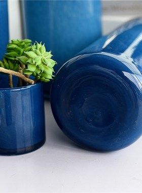 美式简约高档蓝灰色玻璃花瓶室内家居桌面装饰民宿水培花器F4-1-2