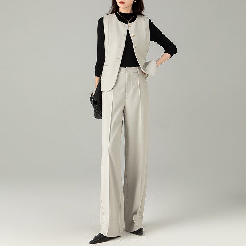 圆领马甲直筒裤两件套装女2024秋季新款高腰立体中缝西装阔腿长裤
