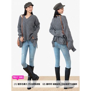 铅笔裤 SJOG巨显瘦 女九分紧身小脚裤 高腰提臀牛仔裤 加绒浅蓝靴裤