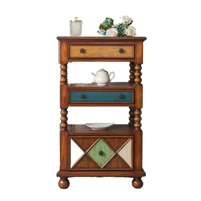 美式乡村入户餐边柜窄型一体高柜实木复古玄关柜咖啡机置物柜整装