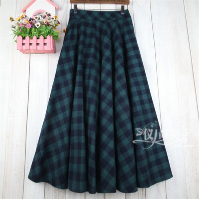 春秋毛呢子大摆长裙女装格子半身裙中长款显瘦松紧高腰a字半裙子