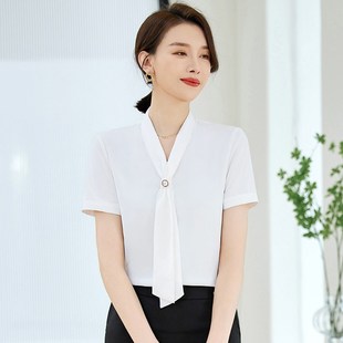 薄款 夏季 气质工作服高级感职业套裙套头雪纺上衣 女短袖 飘带领衬衫
