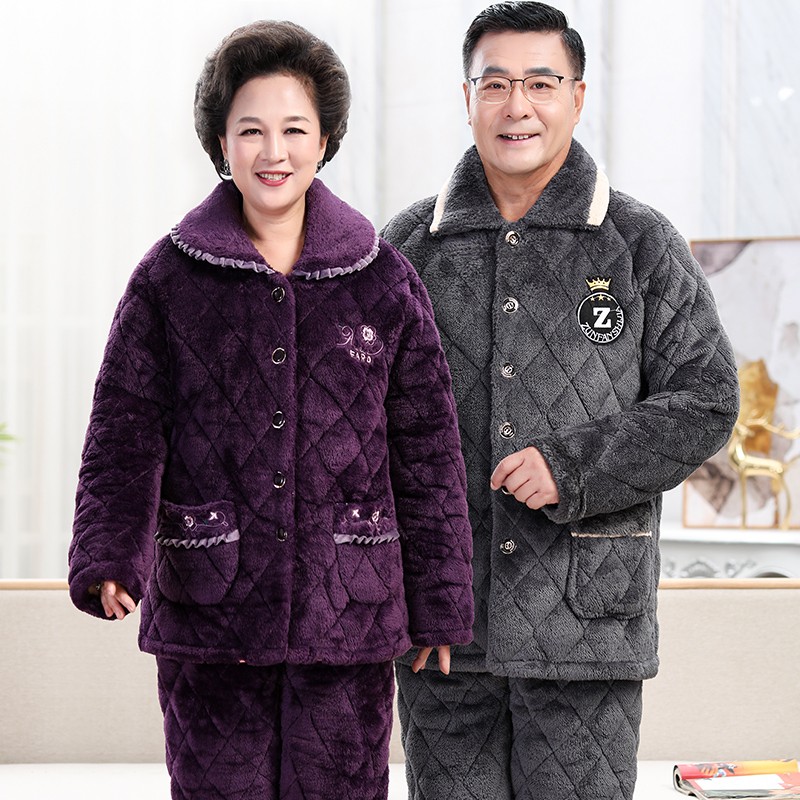 睡衣女中老年妈妈珊瑚绒加厚夹棉加绒保暖男士家居服爸爸秋冬季款
