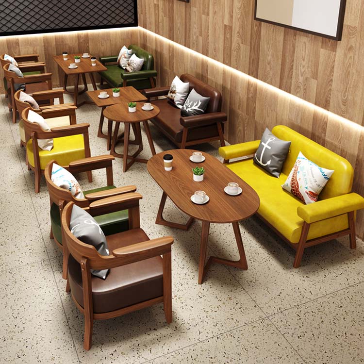 复古甜品店汉堡咖啡厅店奶茶桌椅休闲接待休息区洽谈实木沙发组合