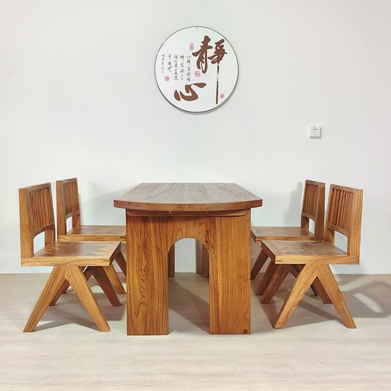 老榆木诧寂风复古怀旧实木现代简约客厅民宿半圆形咖啡餐桌会议桌