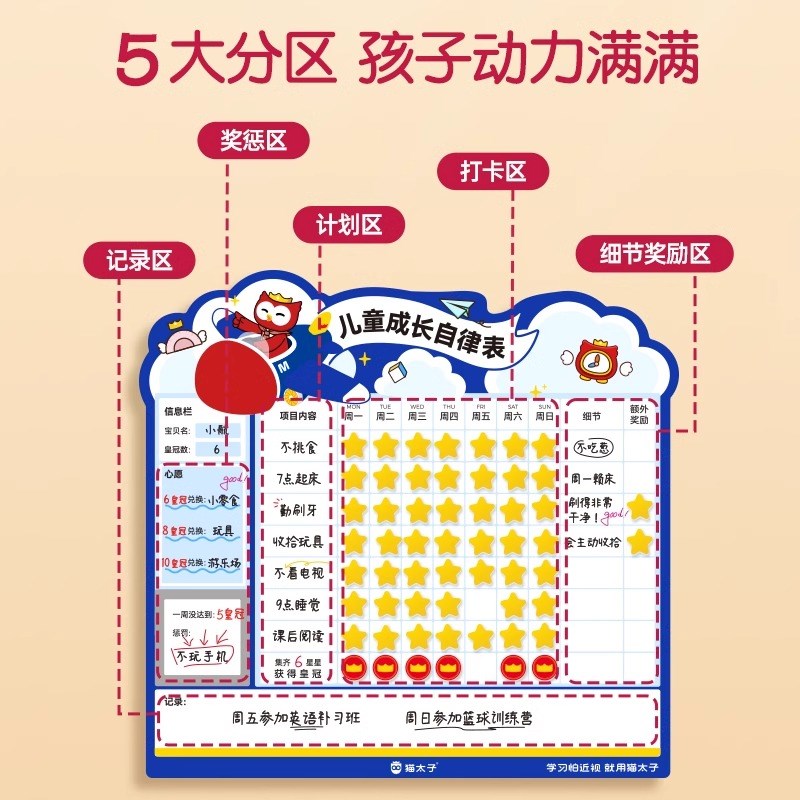 猫太子儿童成长自律表奖励打卡记录表学习计画 划表墙贴孩子的积