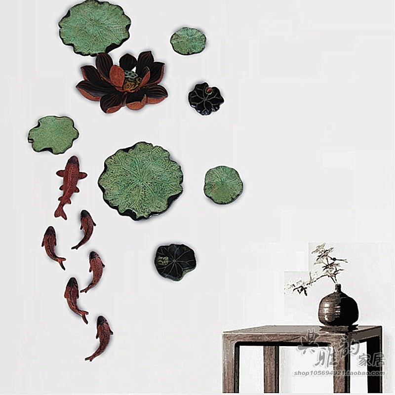 中式仿古背景墙树脂挂饰鱼荷花荷叶无框画壁挂件戏莲年年有鱼壁画