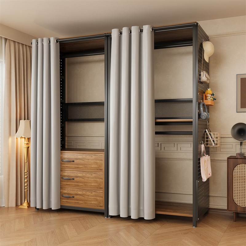 洞洞板衣柜一体衣帽间全钢架卧室家用简易组装金属开放式挂衣柜子