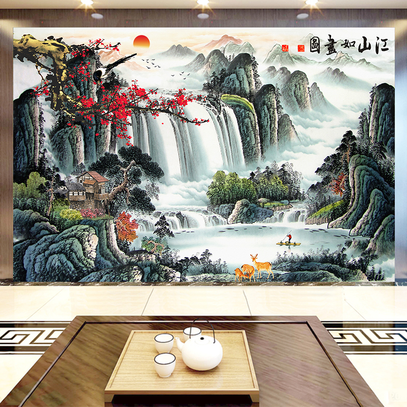 江山如此多娇3d立体墙布壁画5d山水国画风客厅装饰8d电视背景墙纸