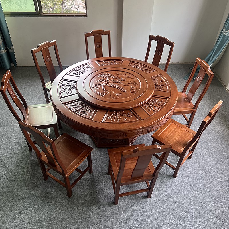 中式全实木菠萝格圆形餐桌椅深度雕花格木圆桌带转盘家用饭桌