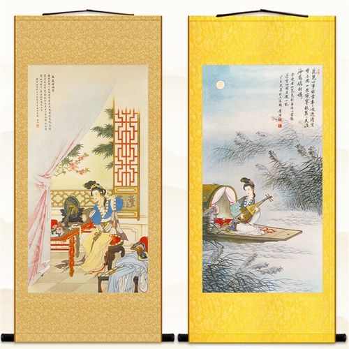 花木兰理妆图 琵琶行 仕女人物卷轴挂画 书房绢布丝绸装饰画定制